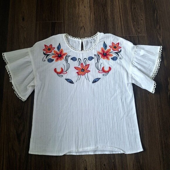 💙 THML Boho Prairie Style Embroidered Lightweight Short Sleeve Cotton Blouse - Picture 9 of 9